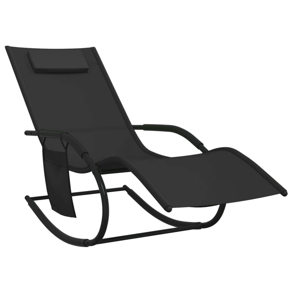 Helloshop26 - Transat chaise longue bain de soleil lit de jardin terrasse meuble d'extérieur à bascule noir acier et textilène - Image 1