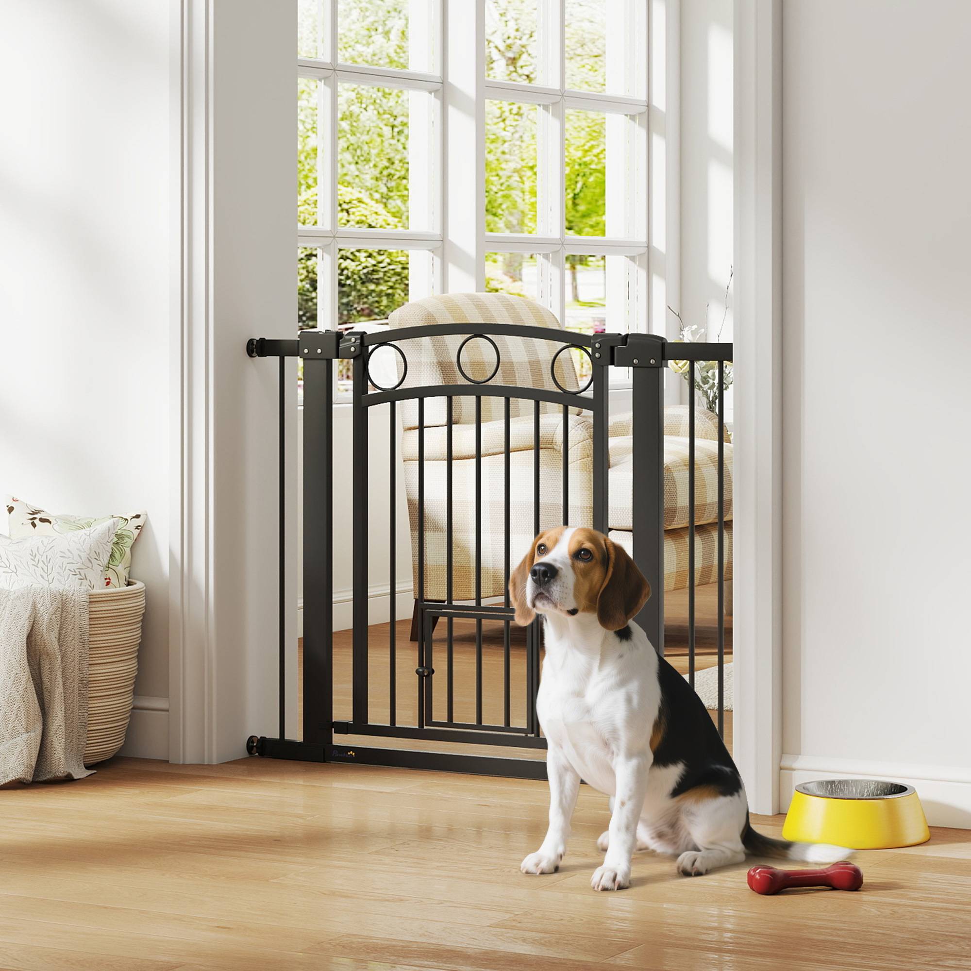 Porte pour animal, barrière escalier 77 cm, largeur réglable 76-104 cm, avec chatière, noir - Image 4