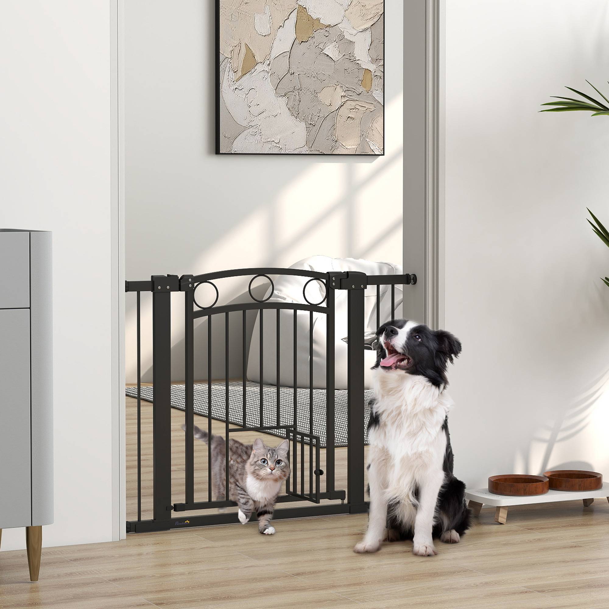 Porte pour animal, barrière escalier 77 cm, largeur réglable 76-104 cm, avec chatière, noir - Image 3