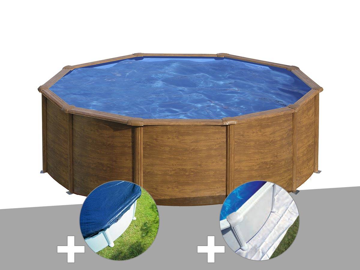 Gré - Kit piscine acier aspect bois Gré Sicilia ronde 4,80 x 1,22 m + Bâche hiver + Tapis de sol