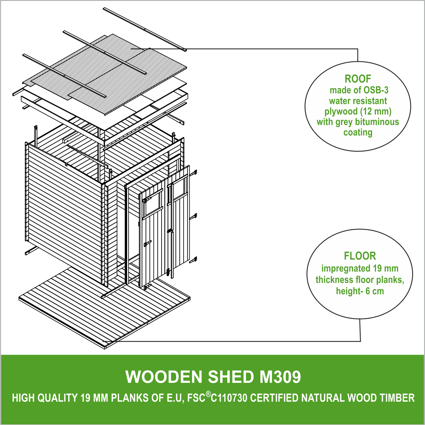 Timbela - Abri de jardin en bois l204xL204xH200 cm / 3.53 m² avec sol traité - Petit abri à outils, Local à vélos - 19 mm d’épaisseur - Timbela M309+M309G - Image 7