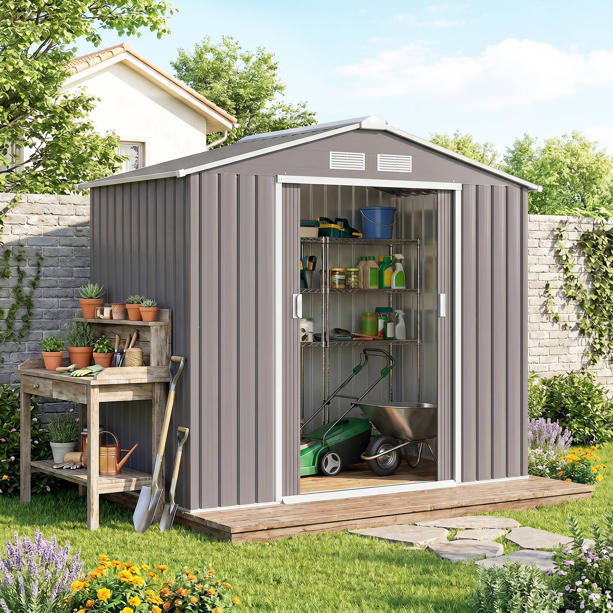 Abri de jardin 213x130x185 cm remise métallique extérieure outils gris - Image 4