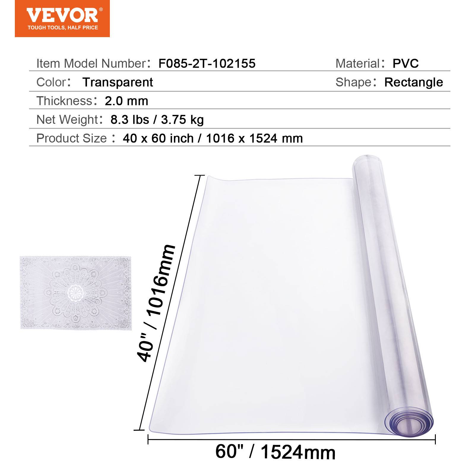 Vevor - VEVOR Protection bureau PVC transparent, 40x60", 2.0mm, rectangulaire, résistant eau, nettoyage. - Image 7