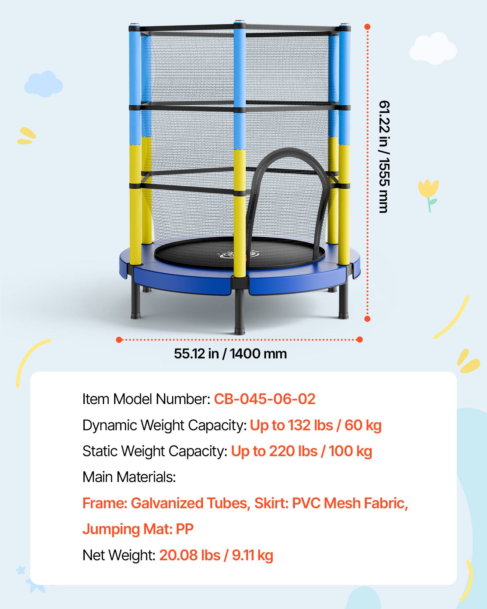 Vevor - VEVOR Trampoline enfants Ø140 cm avec filet de sécurité, cadre galvanisé, montage facile, intérieur et extérieur, capacité 60 kg. - Image 5