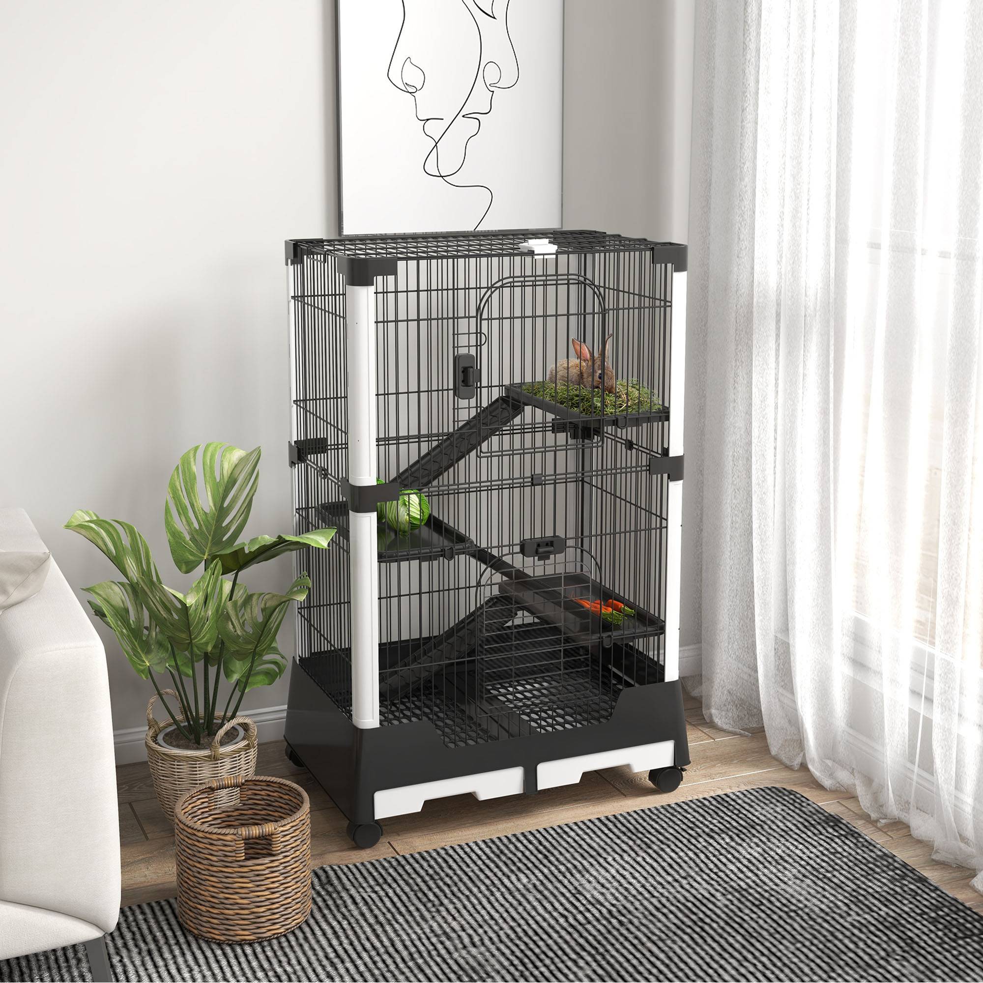 Enclos lapin acier furet rongeur 3 plateformes sur roulettes 75x50x114cm noir - ComfortXL Outdoor Living - Image 4