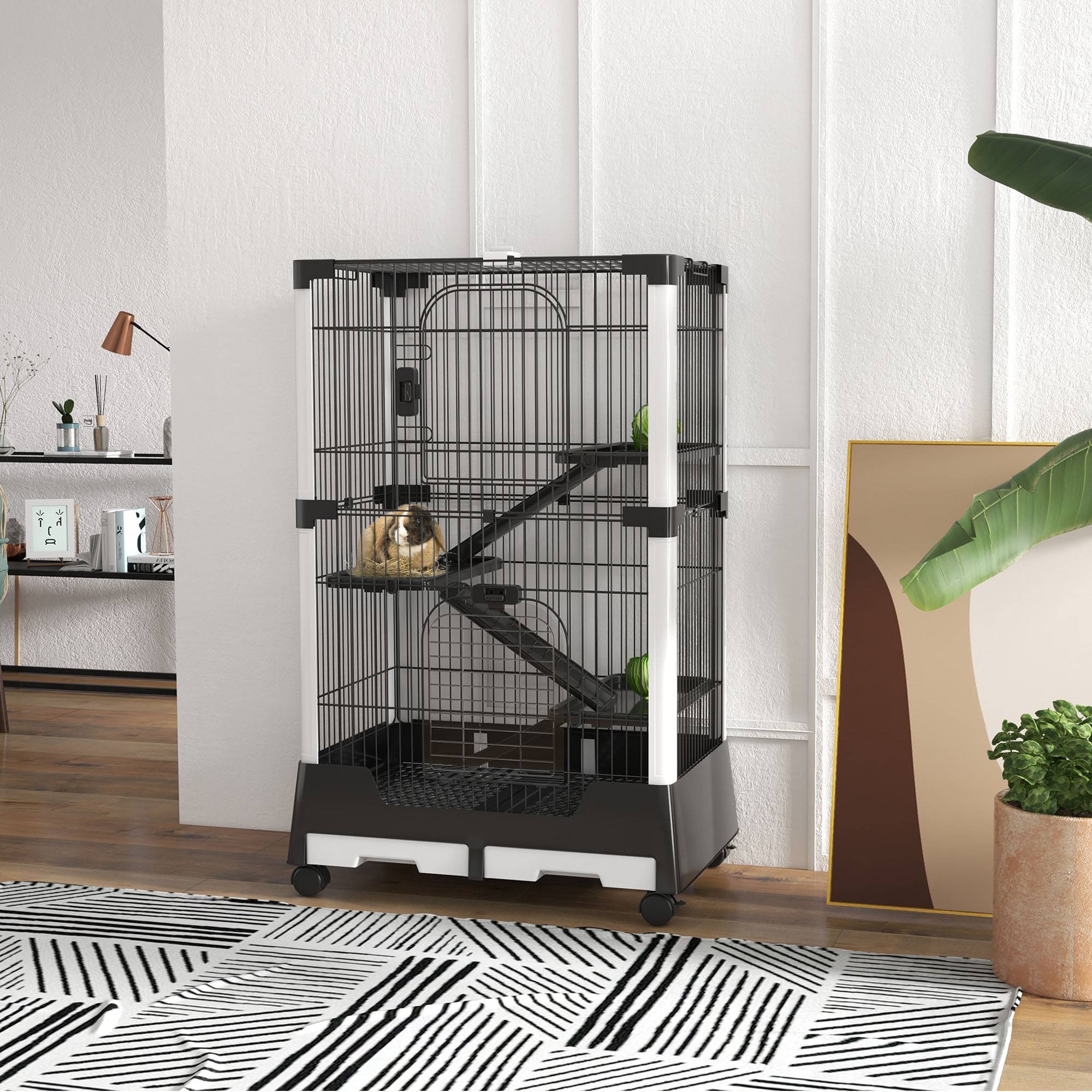 Enclos lapin acier furet rongeur 3 plateformes sur roulettes 75x50x114cm noir - ComfortXL Outdoor Living - Image 3
