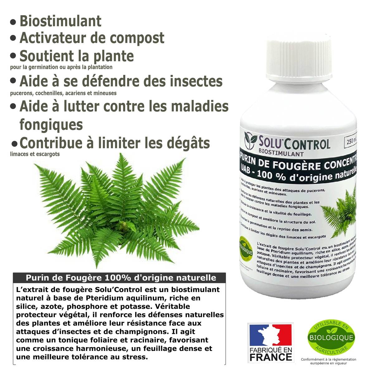 Tout pour les nuisibles - SOLU'CONTROL - Purin de Fougère – 250 ml Concentré – Biostimulant Naturel – Aide à Se Défendre des Insectes & Maladies Fongiques - Image 2