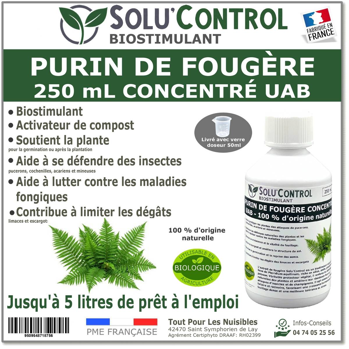 Tout pour les nuisibles - SOLU'CONTROL - Purin de Fougère  – 250 ml Concentré – Biostimulant Naturel – Aide à Se Défendre des Insectes & Maladies Fongiques - Image 1