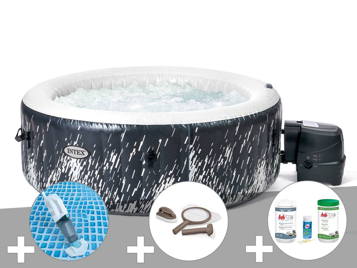 Kit spa gonflable Intex PureSpa Galaxie rond Bulles avec LED 4 places + Aspirateur + Kit d'entretien + Kit de traitement brome