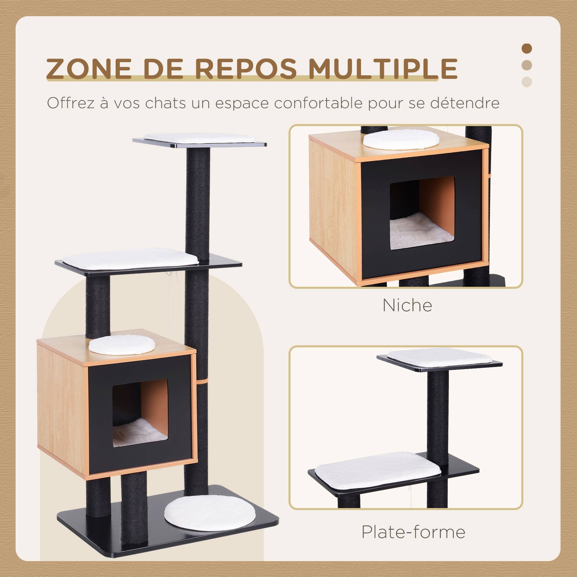 Arbre à chats design contemporain, griffoirs en sisal naturel, niche, plateformes, boules suspendues, MDF, 71,5 x 49,5 x 120 cm, noir - Image 6
