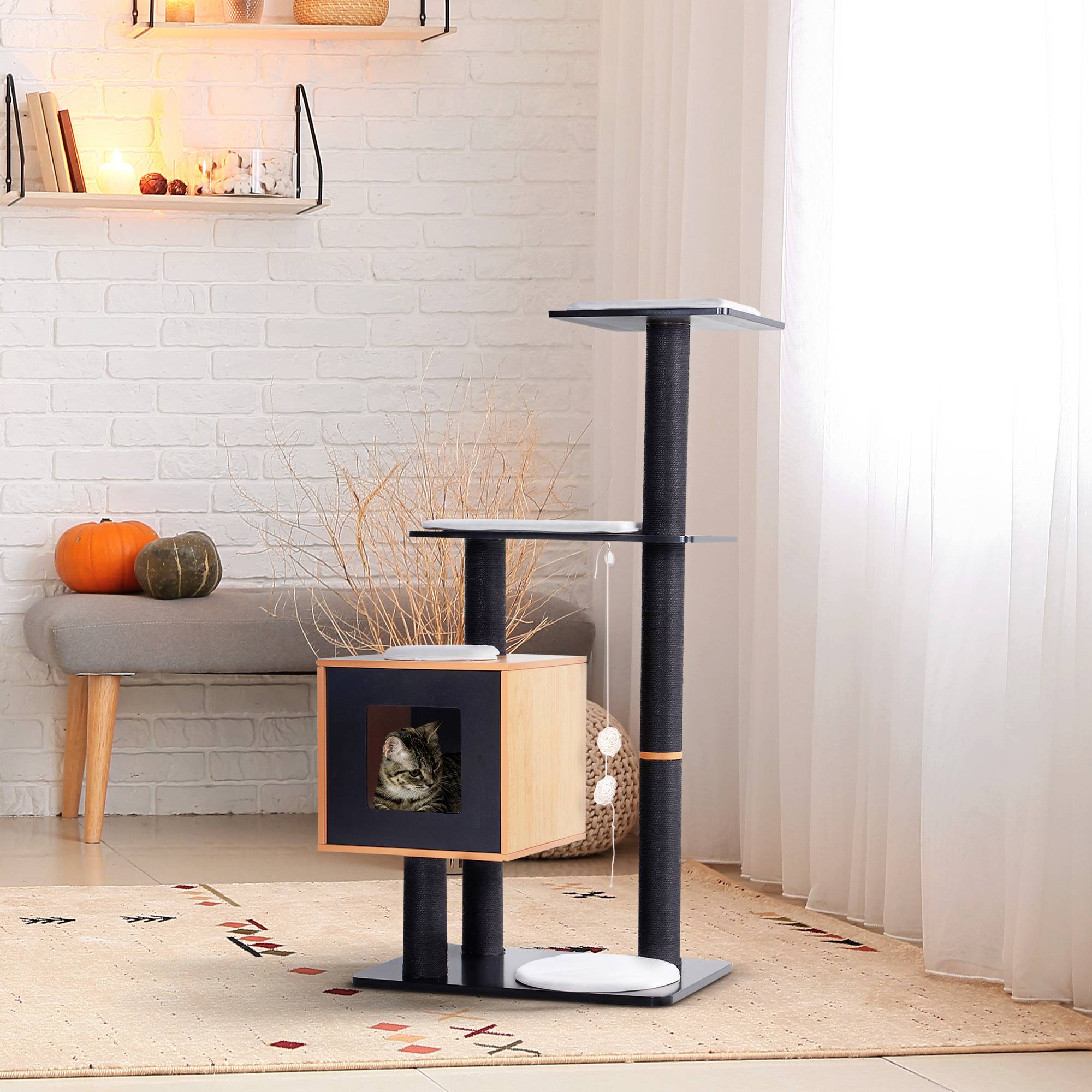 Arbre à chats design contemporain, griffoirs en sisal naturel, niche, plateformes, boules suspendues, MDF, 71,5 x 49,5 x 120 cm, noir - Image 3