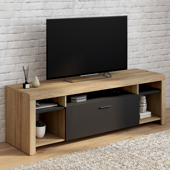 Meuble TV 140 cm MALO bois et placard noir - Image 1