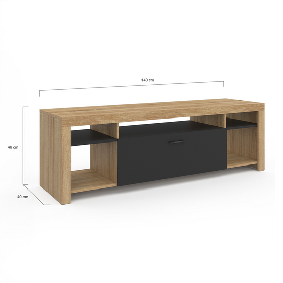 Meuble TV 140 cm MALO bois et placard noir - Image 5