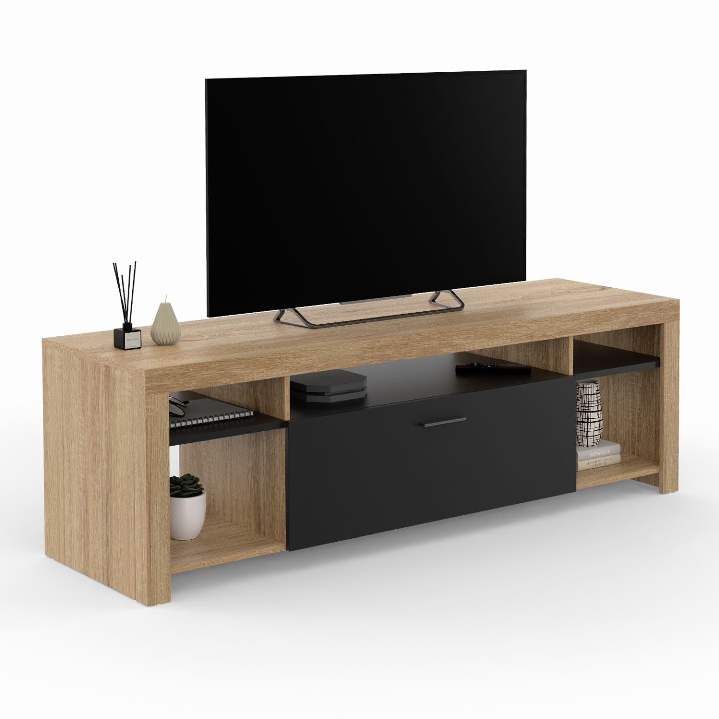 Meuble TV 140 cm MALO bois et placard noir - Image 2