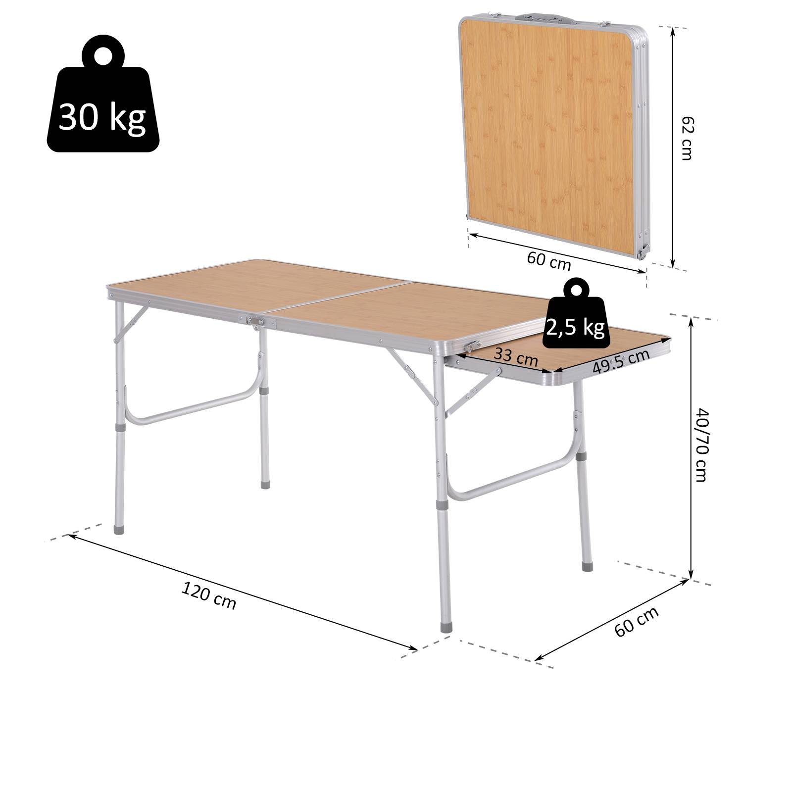 Table de Camping Pliante avec Rallonge Rabattable, Cadre Aluminium, Hauteur Réglable, 30 kg, 153 x 60 x 39/71 cm - Image 4