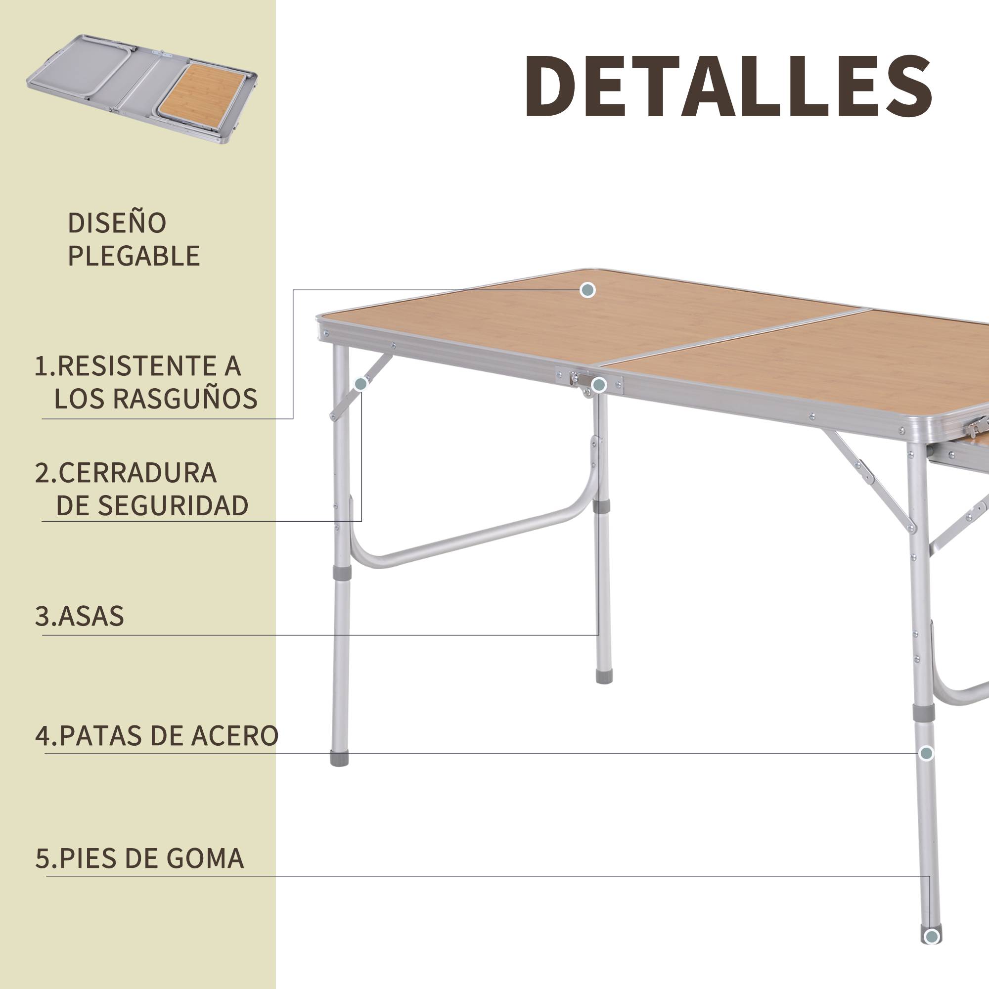 Table de Camping Pliante avec Rallonge Rabattable, Cadre Aluminium, Hauteur Réglable, 30 kg, 153 x 60 x 39/71 cm - Image 8