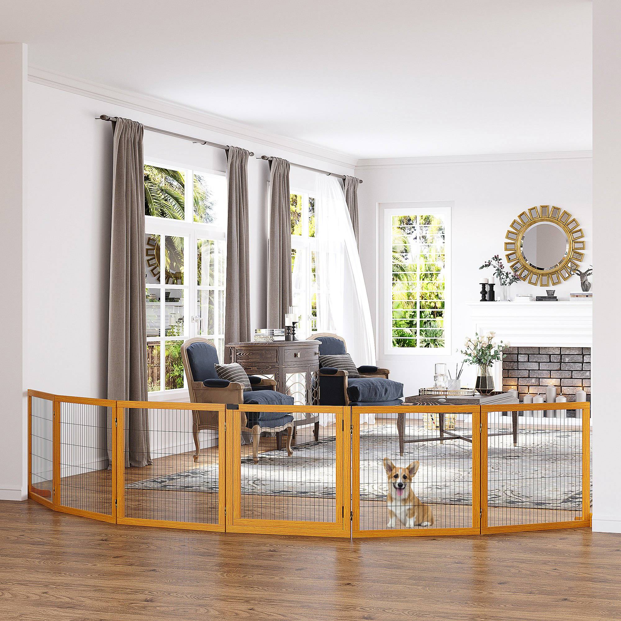 Sans Marque - Barrière pliante pour chien, pin, 432x36x70 cm, jaune - Image 3