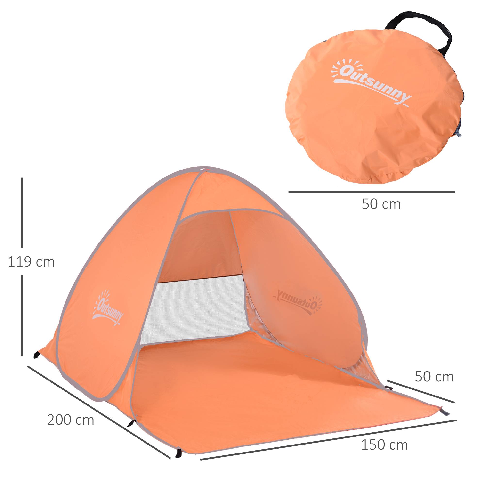 Tente de plage pliable 2 à 3 personnes orange fenêtres et protection UV 200 x 150 x 119 cm, bord de mer - Image 5