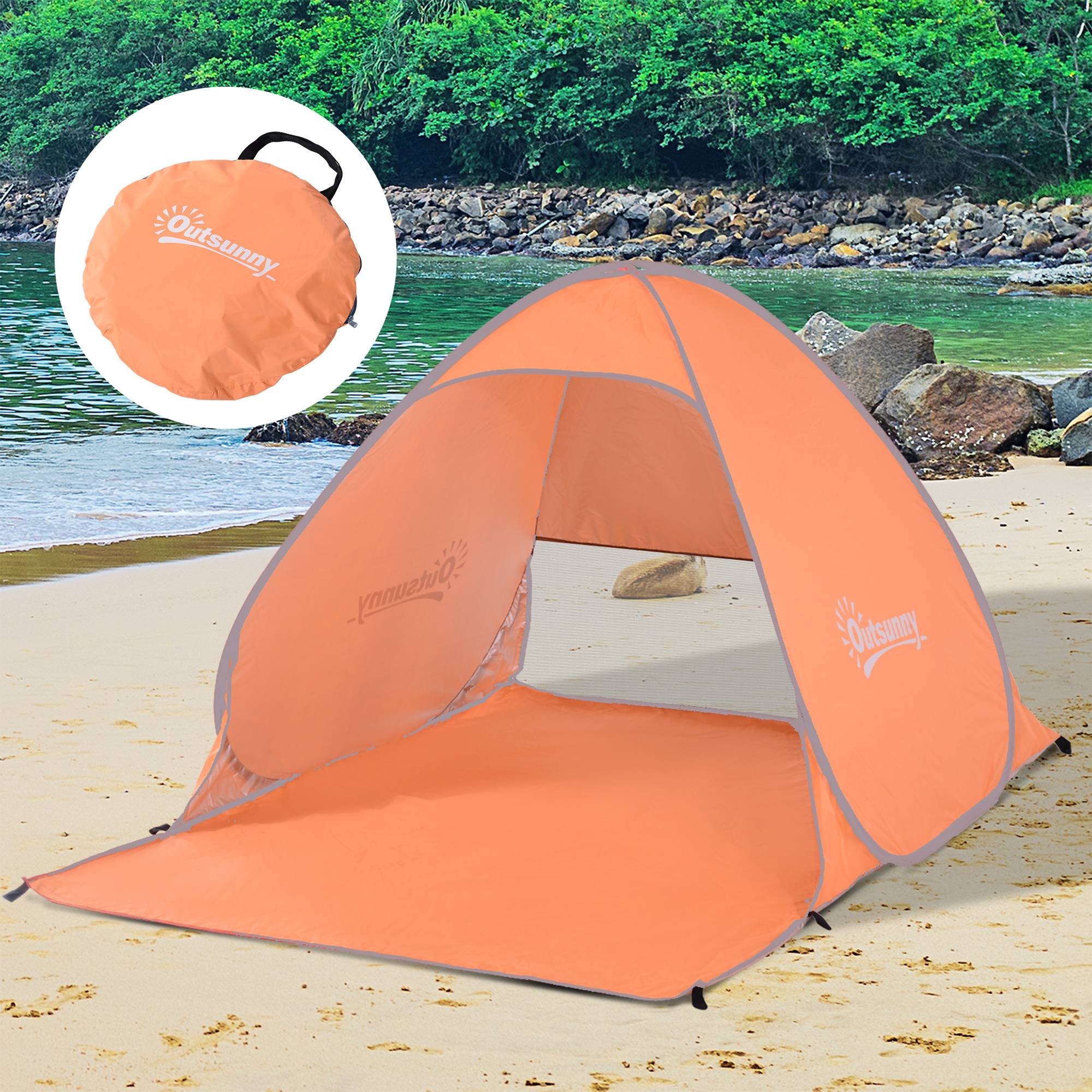 Tente de plage pliable 2 à 3 personnes orange fenêtres et protection UV 200 x 150 x 119 cm, bord de mer - Image 3