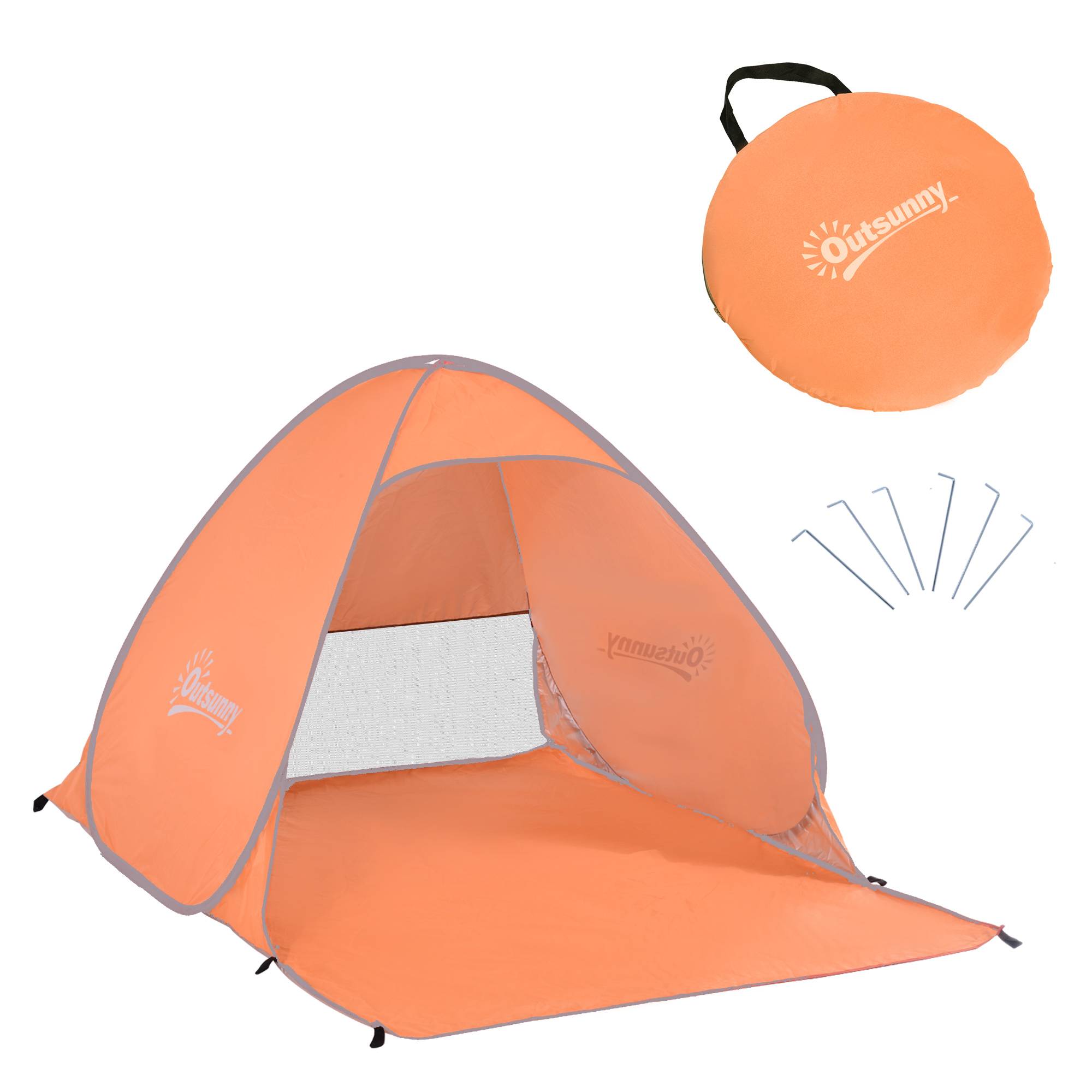Tente de plage pliable 2 à 3 personnes orange fenêtres et protection UV 200 x 150 x 119 cm, bord de mer - Image 1