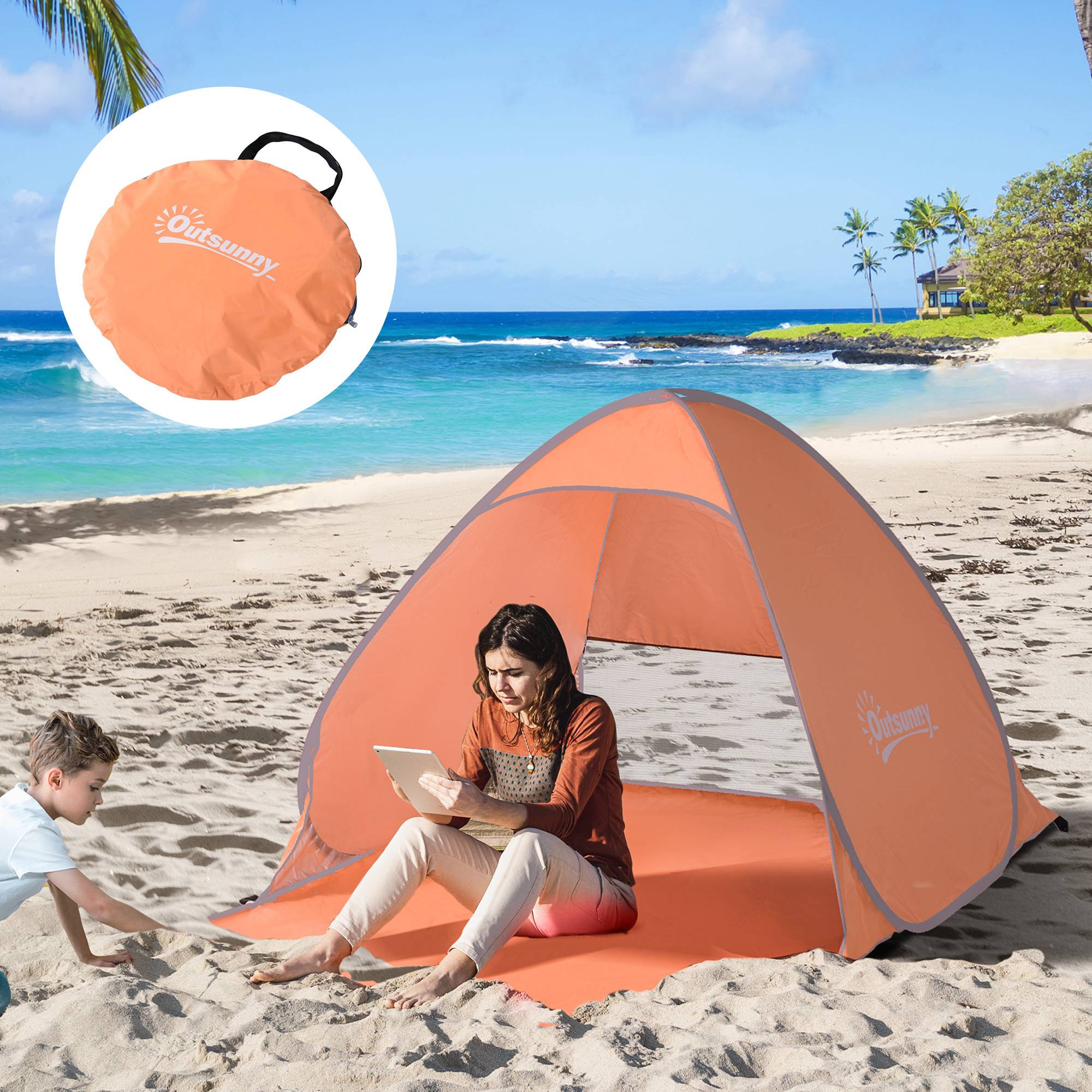 Tente de plage pliable 2 à 3 personnes orange fenêtres et protection UV 200 x 150 x 119 cm, bord de mer - Image 4