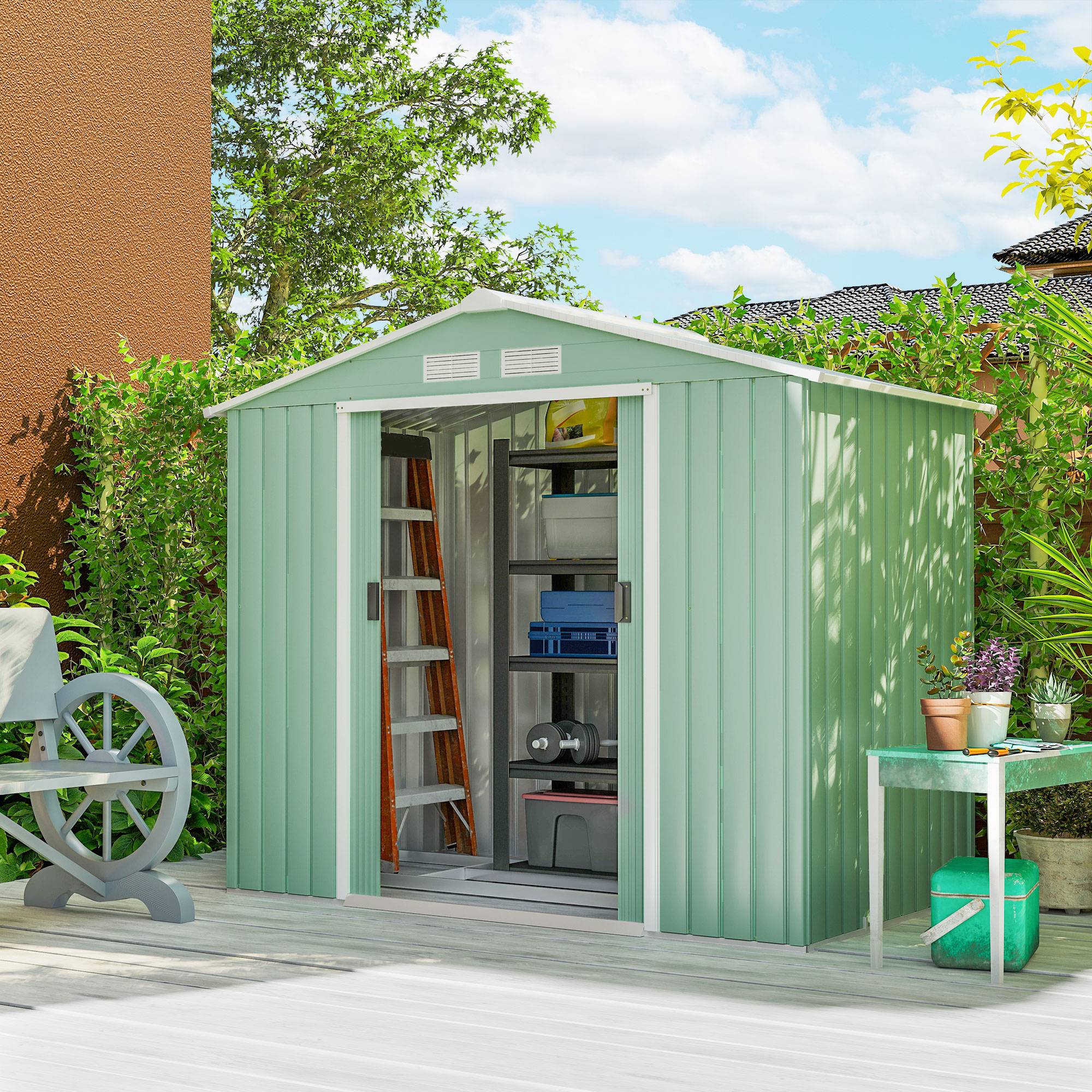 Sans Marque - Abri de Jardin 2,5 m² - Remise pour Outils avec Fondation - cabanon Porte verrouillable - tôle d'acier Vert clair - Image 3