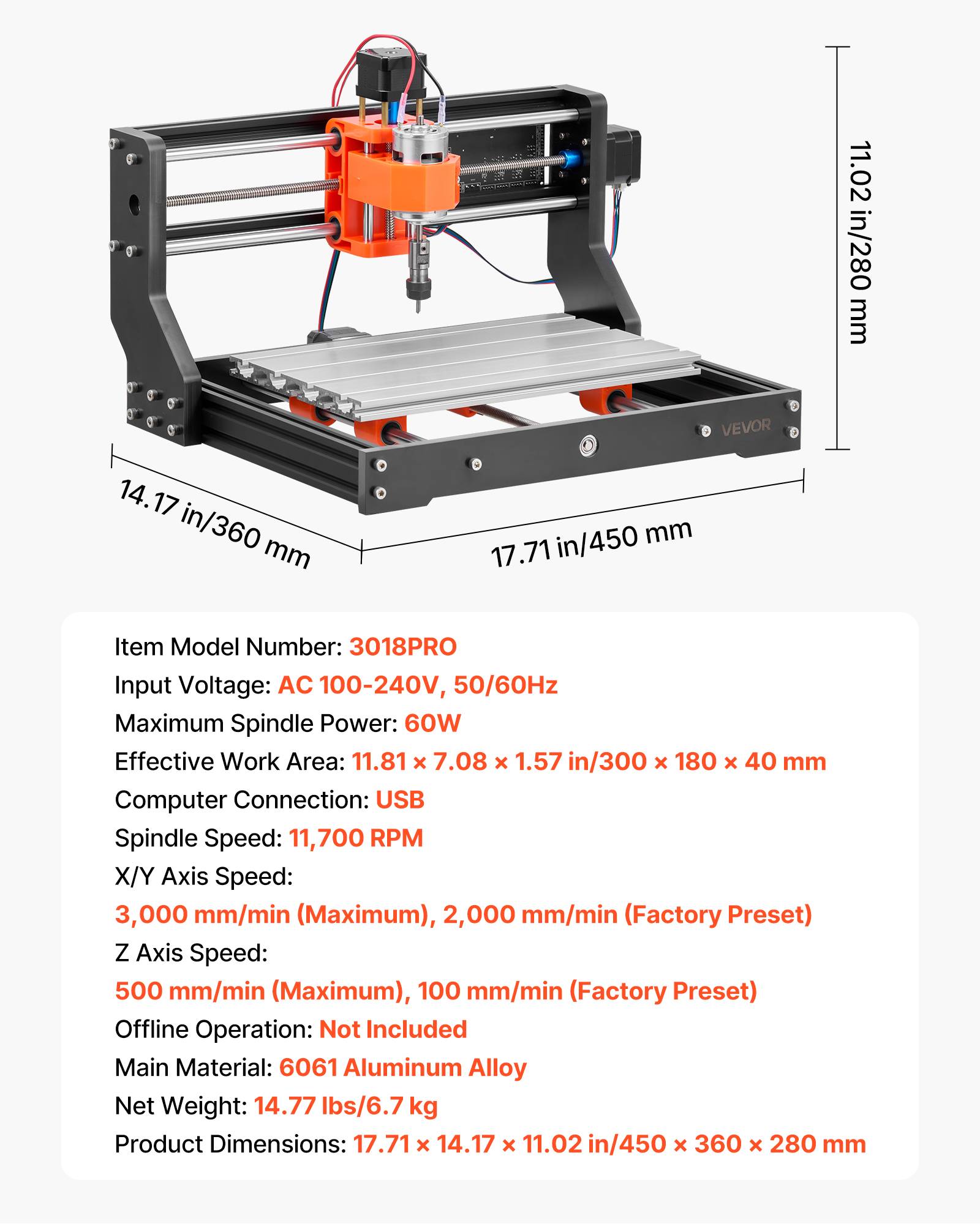 Vevor - VEVOR Routeur CNC 3 axes, broche 60 W 11 700 tr/min, zone 300x180x40 mm extensible, alliage d’aluminium, compatible GRBL f1.1. - Image 6