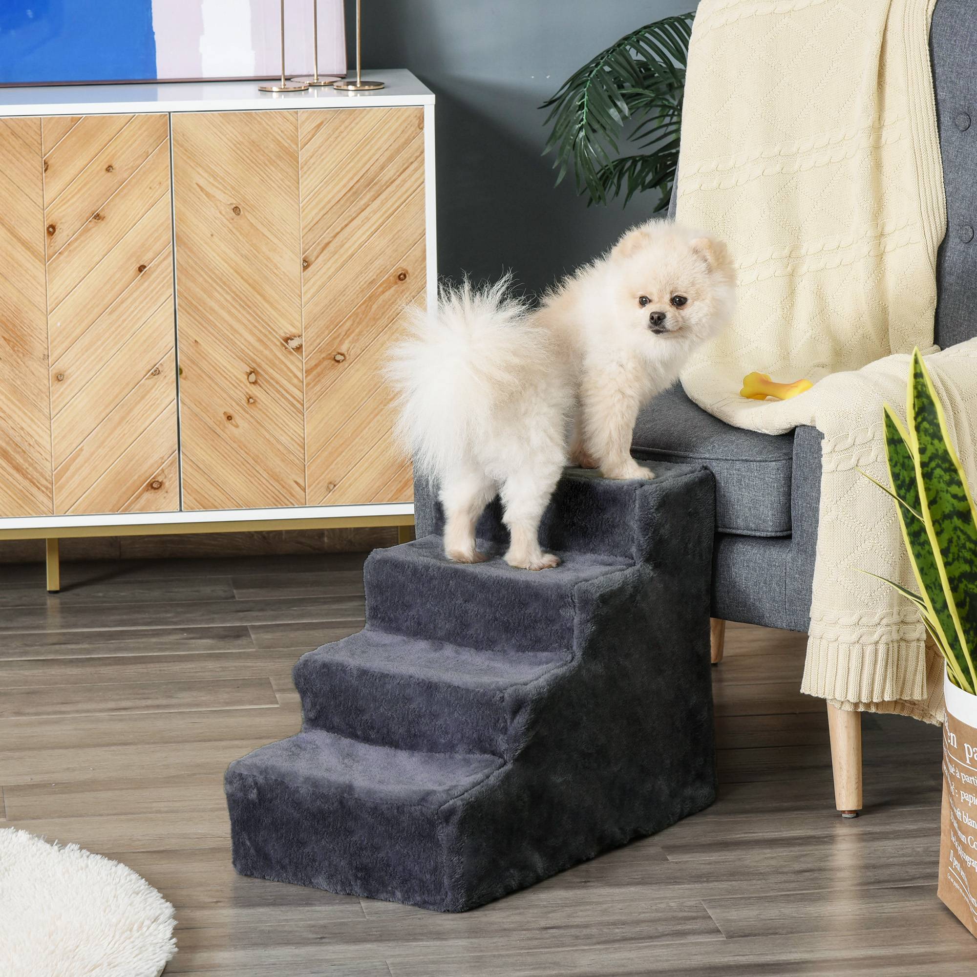 Escalier chien 4 marches, housse amovible, petits chiens, 44 cm, gris foncé - Image 3