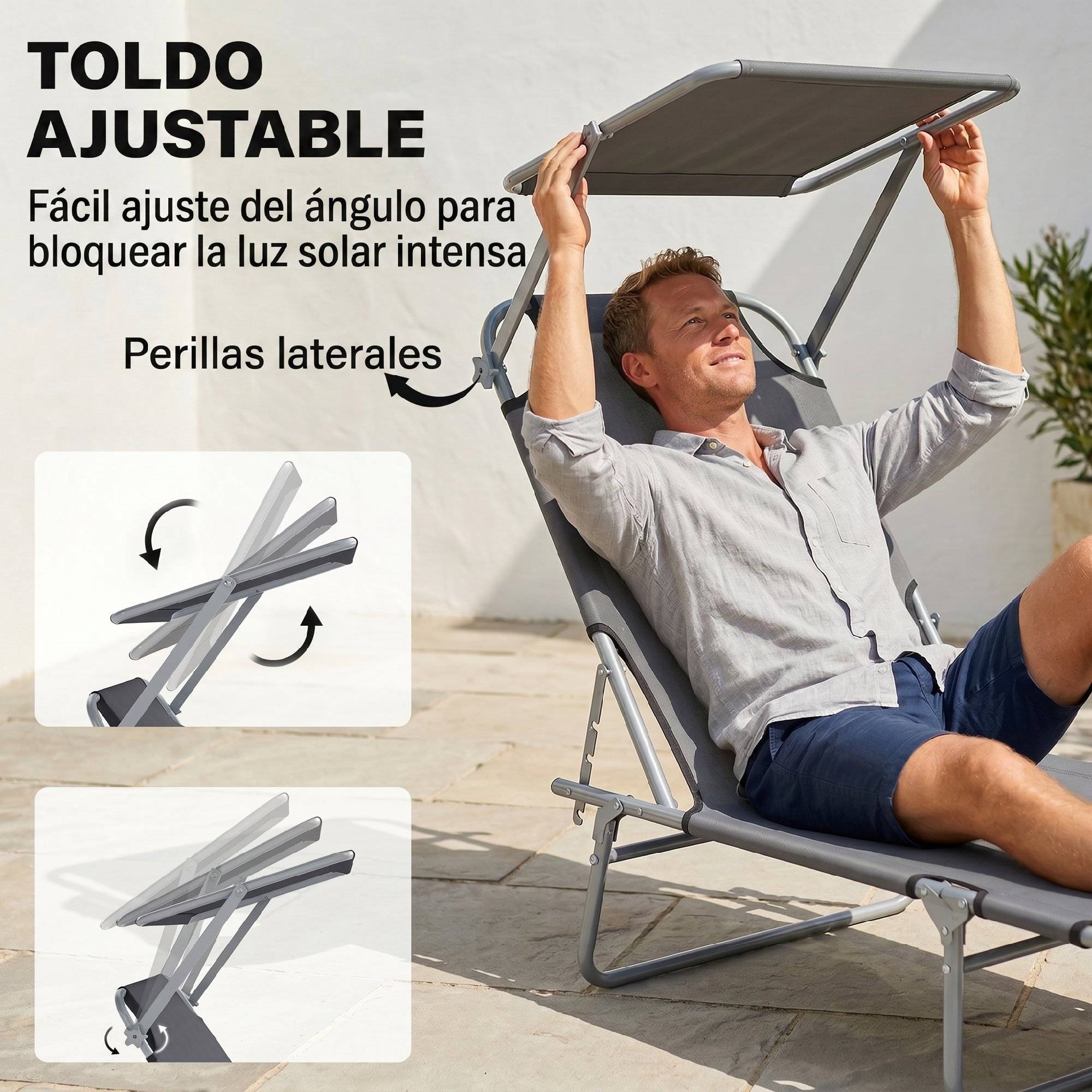 Transat pliant de jardin avec auvent et dossier inclinable pour jardin, terrasse, camping, 187 x 58 x 36 cm, gris - Image 6