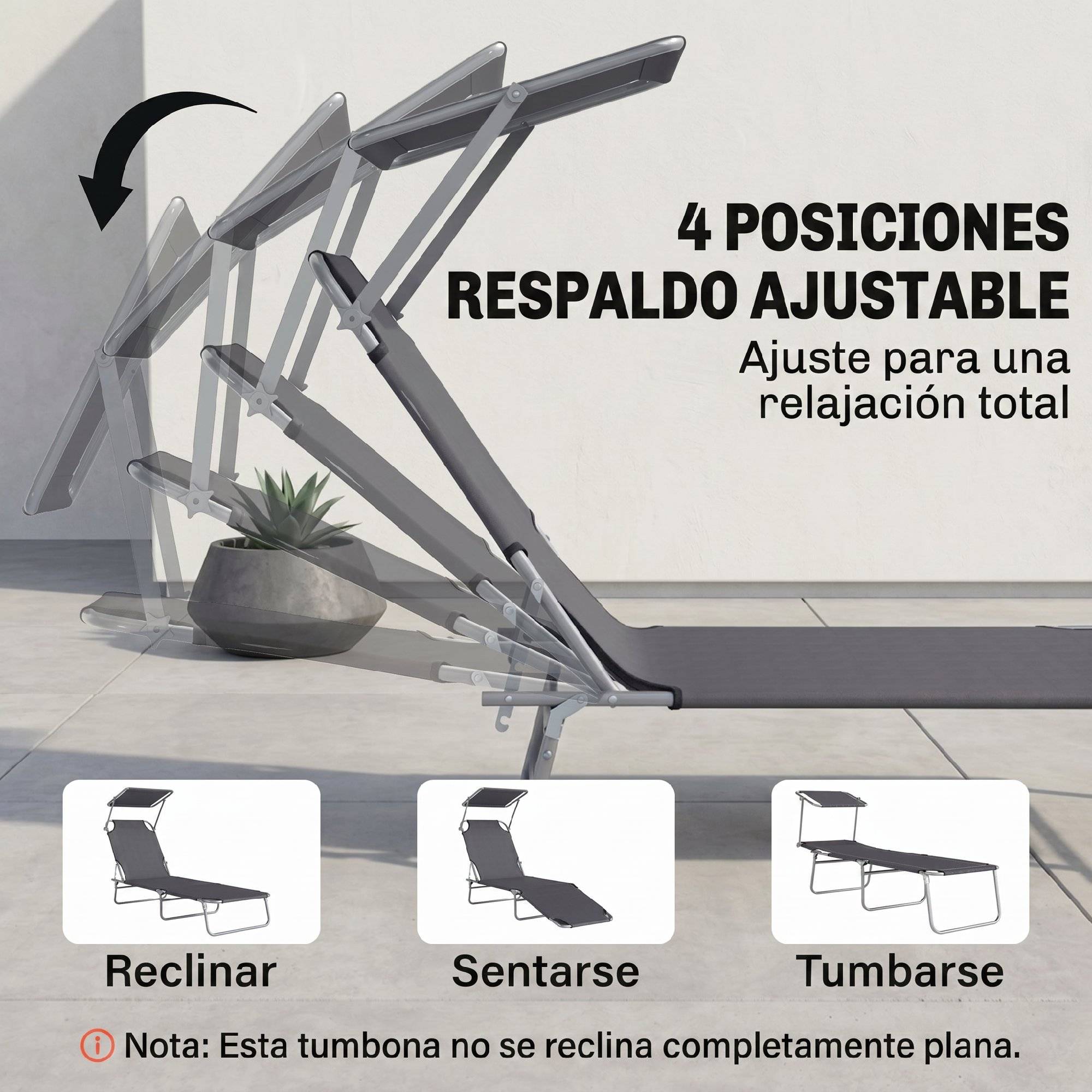 Transat pliant de jardin avec auvent et dossier inclinable pour jardin, terrasse, camping, 187 x 58 x 36 cm, gris - Image 7