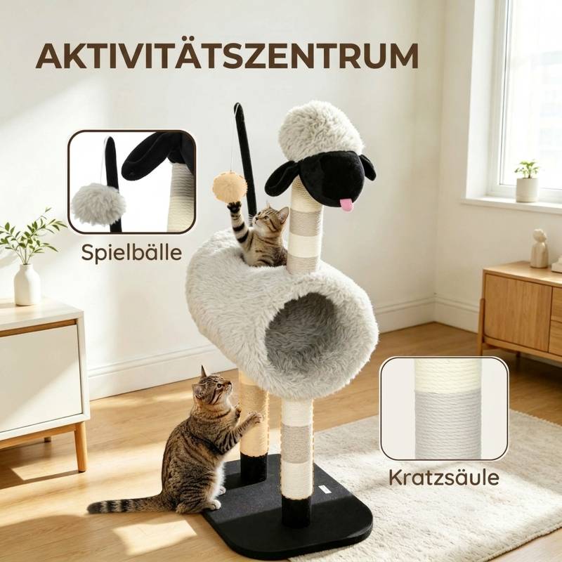 Arbre à chat design mouton, poteau à gratter, tunnel et jouet, 98 cm, gris clair - Image 4