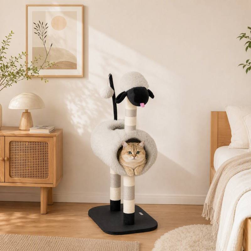 Arbre à chat design mouton, poteau à gratter, tunnel et jouet, 98 cm, gris clair - Image 2