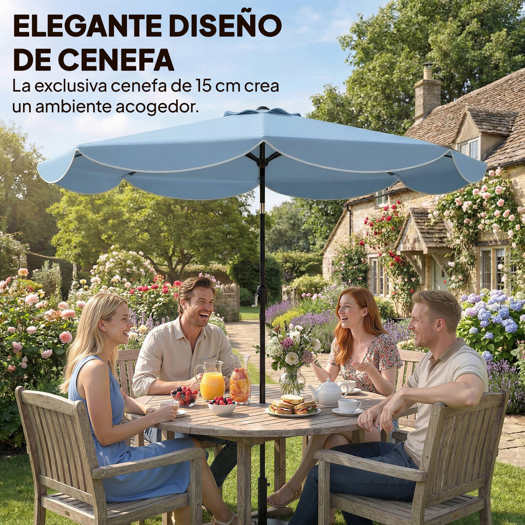 Parasol de terrasse extérieur Ø2,7 m avec manivelle et volant d'inclinaison réglables (3 positions), bleu clair - Image 6