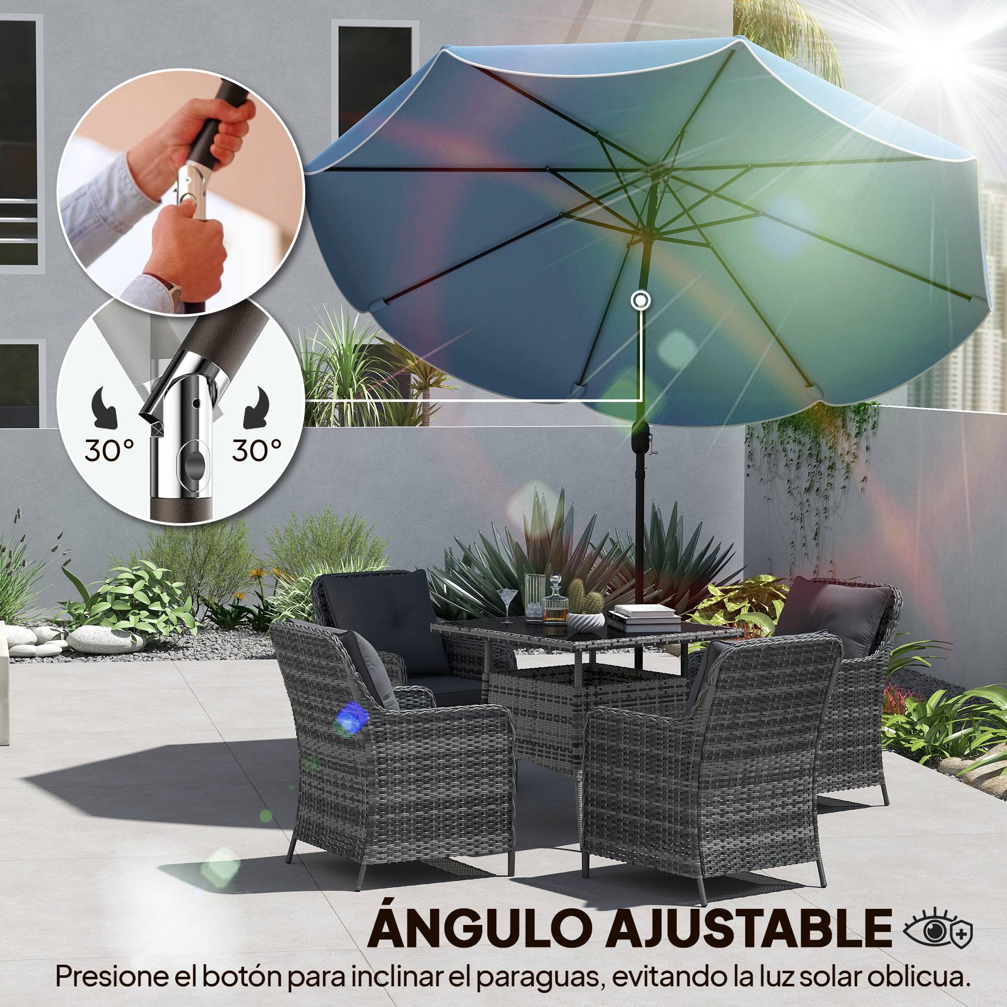 Parasol de terrasse extérieur Ø2,7 m avec manivelle et volant d'inclinaison réglables (3 positions), bleu clair - Image 7