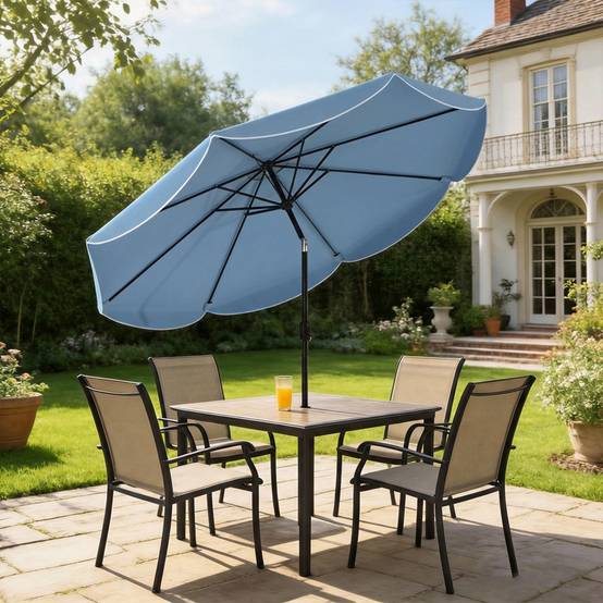 Parasol de terrasse extérieur Ø2,7 m avec manivelle et volant d'inclinaison réglables (3 positions), bleu clair - Image 3