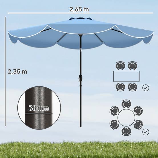 Parasol de terrasse extérieur Ø2,7 m avec manivelle et volant d'inclinaison réglables (3 positions), bleu clair - Image 5