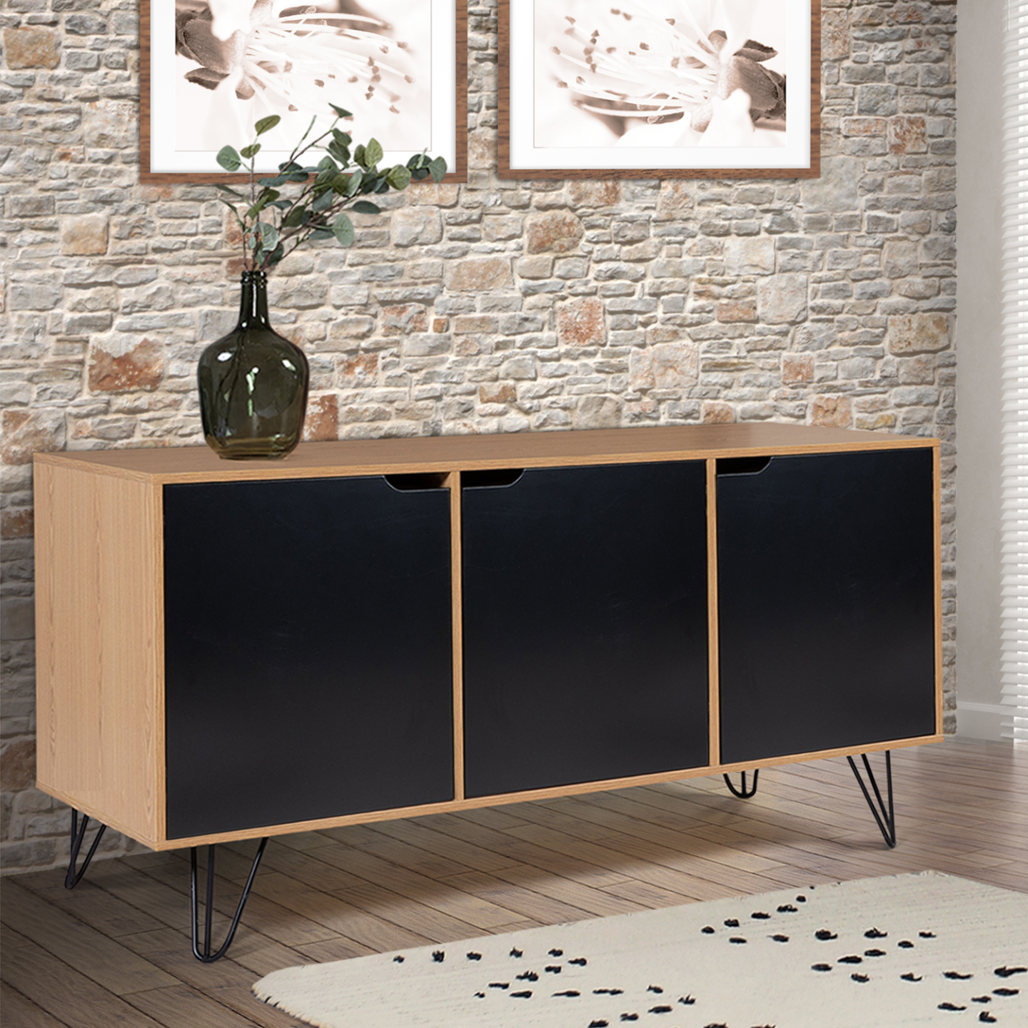 Buffet bas vintage 113 cm NOEMI 3 portes bois pied épingle - Image 1