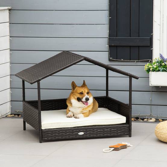 Niche Chien Résine Tressée Intérieur Extérieur avec Coussin Lavable 98x69cm Marron - ComfortXL Pet Living - Image 1