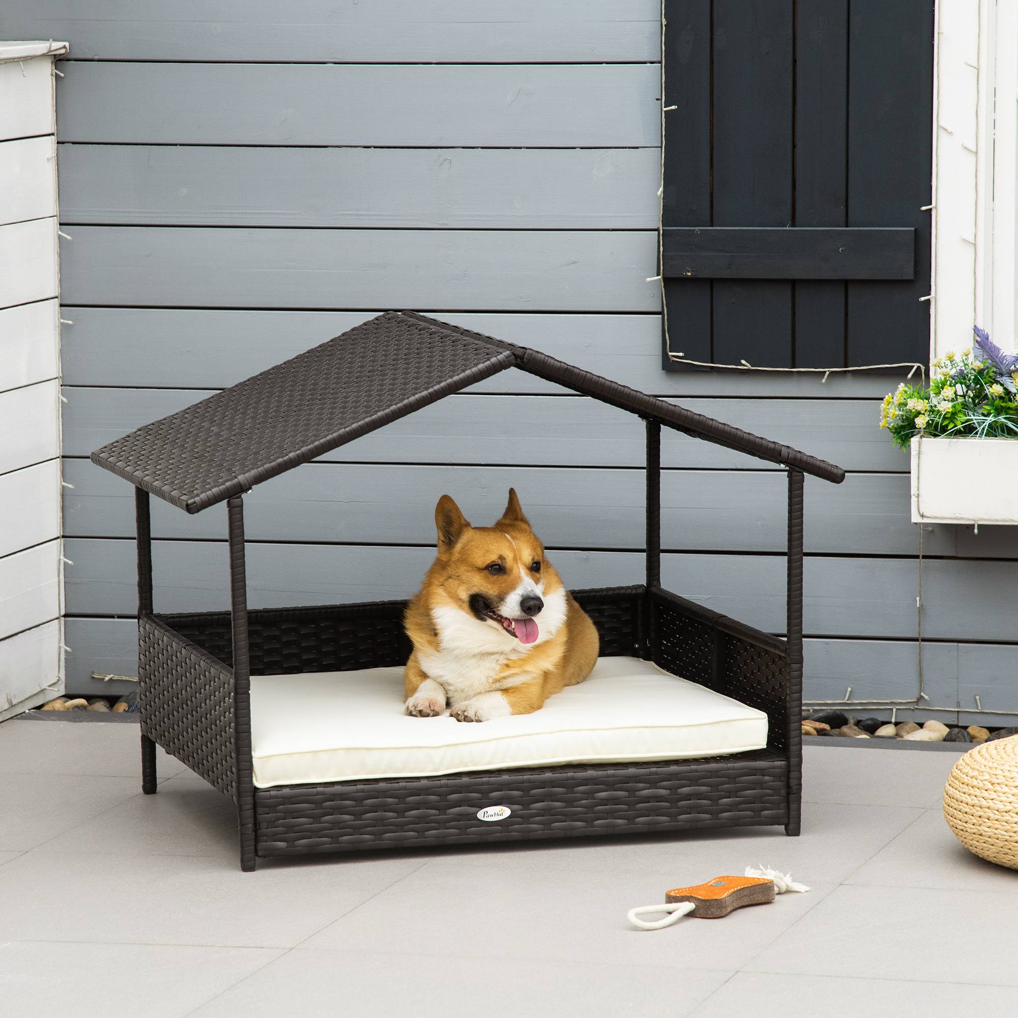 Niche Chien Résine Tressée Intérieur Extérieur avec Coussin Lavable 98x69cm Marron - ComfortXL Pet Living - Image 1