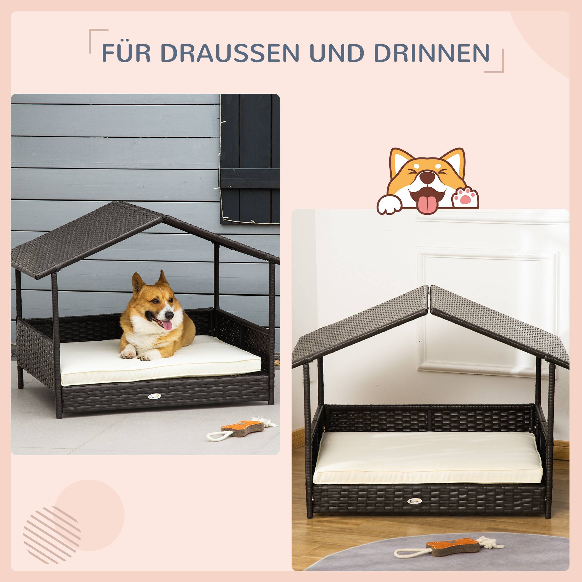 Niche Chien Résine Tressée Intérieur Extérieur avec Coussin Lavable 98x69cm Marron - ComfortXL Pet Living - Image 4