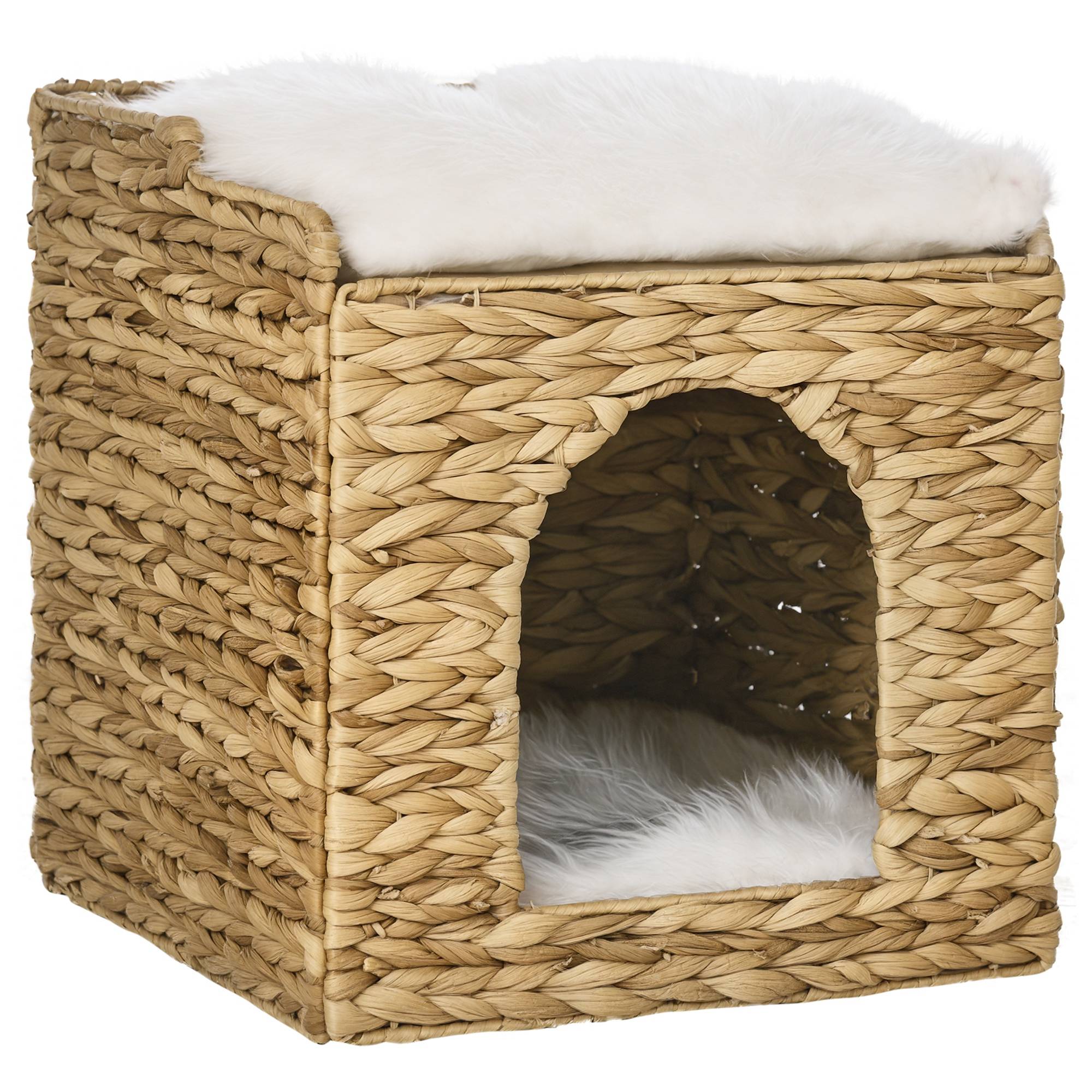 Grotte pour chat en jacinthe d'eau, 2 espaces de repos, 2 coussins lavables, naturel et blanc - Image 1