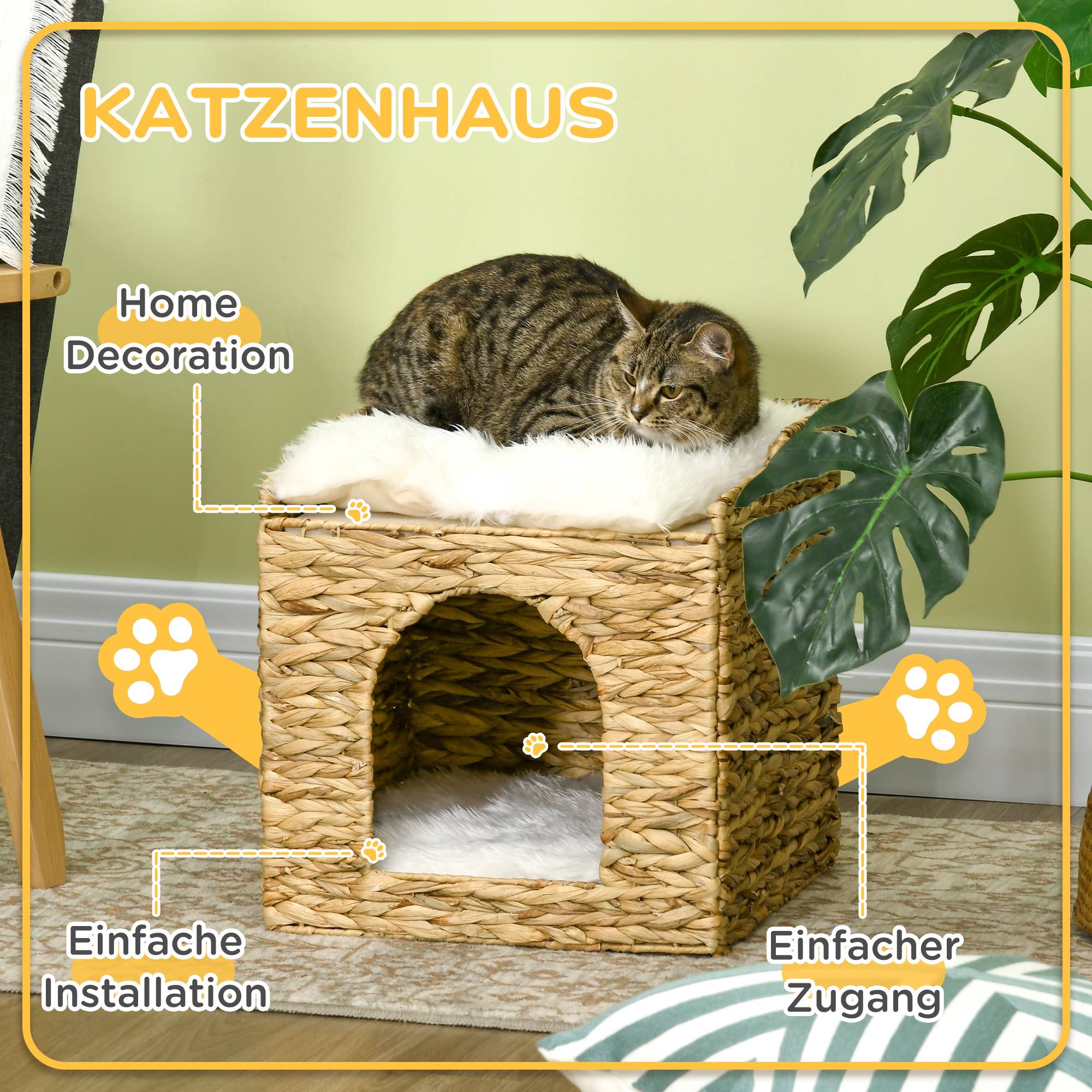 Grotte pour chat en jacinthe d'eau, 2 espaces de repos, 2 coussins lavables, naturel et blanc - Image 8