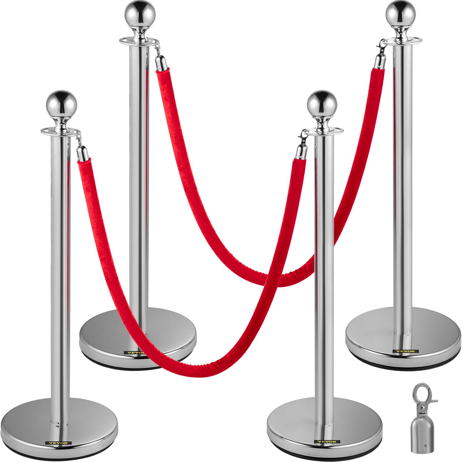Vevor - VEVOR Poteaux guidage argent (4pcs) avec 2 cordes rouges 1.5m, hauteur 96cm, pour contrôle foule. - Image 1