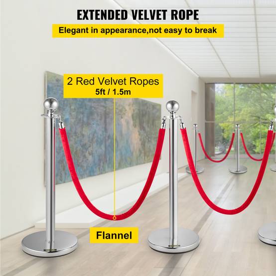 Vevor - VEVOR Poteaux guidage argent (4pcs) avec 2 cordes rouges 1.5m, hauteur 96cm, pour contrôle foule. - Image 4