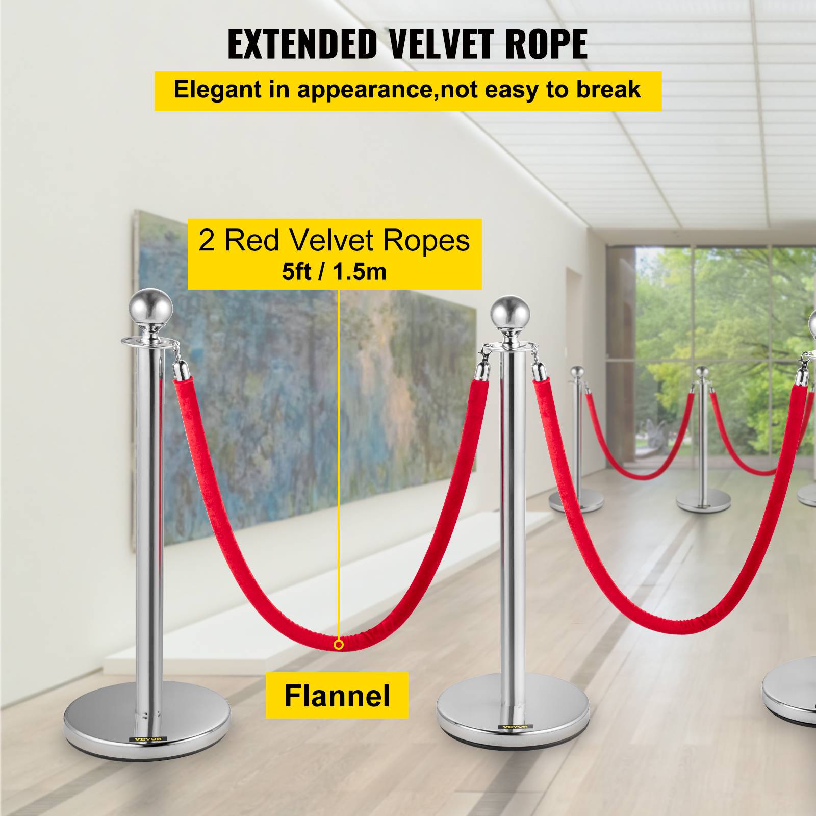 Vevor - VEVOR Poteaux guidage argent (4pcs) avec 2 cordes rouges 1.5m, hauteur 96cm, pour contrôle foule. - Image 4