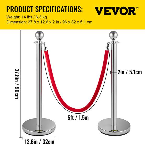 Vevor - VEVOR Poteaux guidage argent (4pcs) avec 2 cordes rouges 1.5m, hauteur 96cm, pour contrôle foule. - Image 7