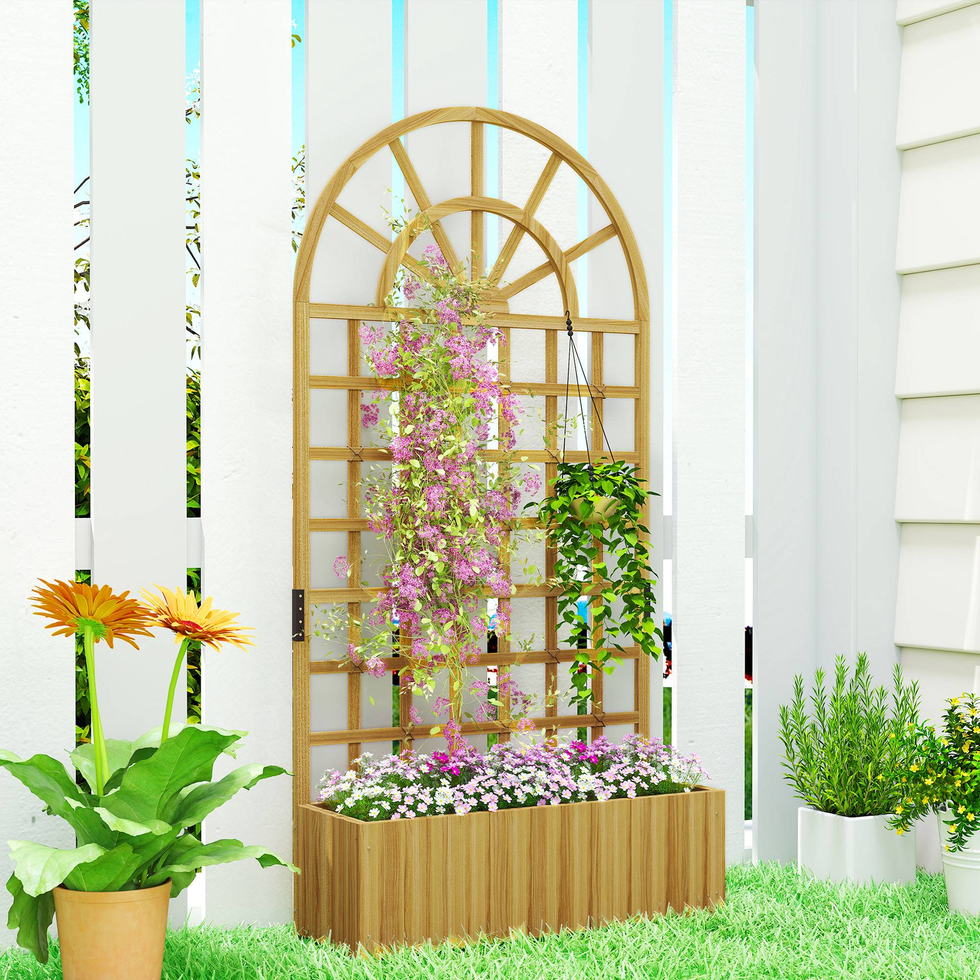 Jardinière Haute avec Treillage en Bois de Sapin pour Plantes Grimpantes Balcon 90x30x180 cm Naturel - ComfortXL Outdoor Living - Image 3