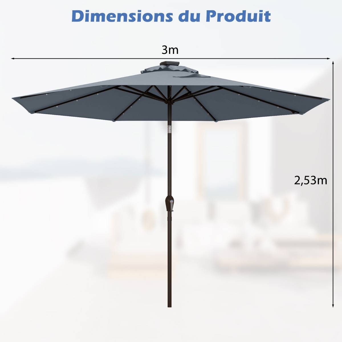 Maison Chic - Parasol Inclinable Dia. 300 cm avec 24 Lumières LED Dolaire en Scier Toile Polyester pour Jardin et Terrasse Gris - Image 8