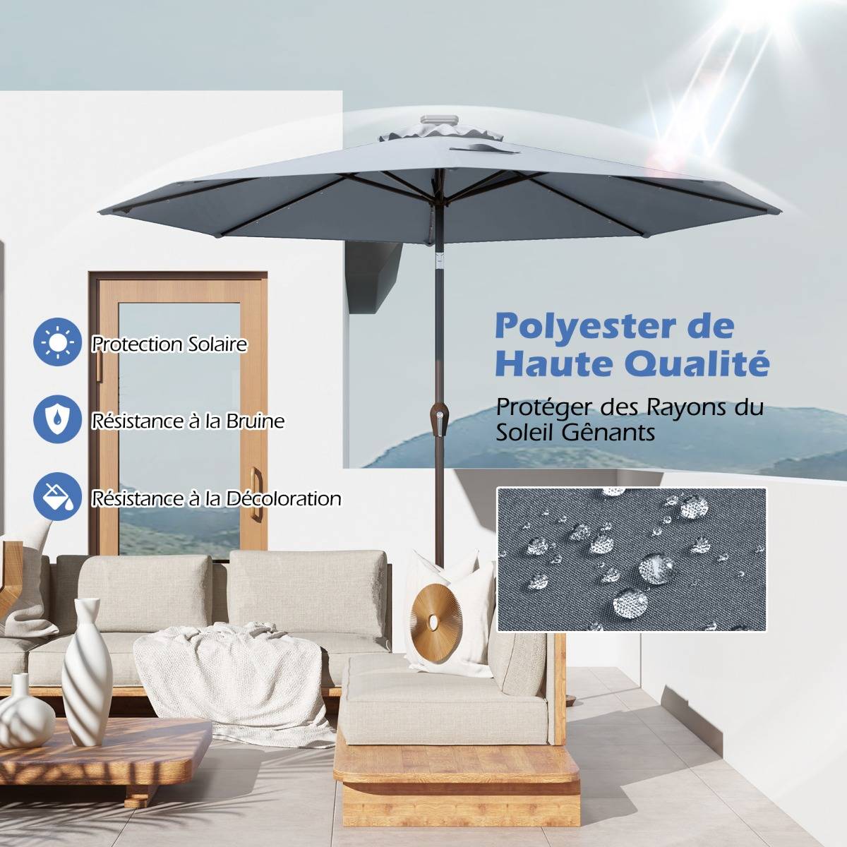 Maison Chic - Parasol Inclinable Dia. 300 cm avec 24 Lumières LED Dolaire en Scier Toile Polyester pour Jardin et Terrasse Gris - Image 5