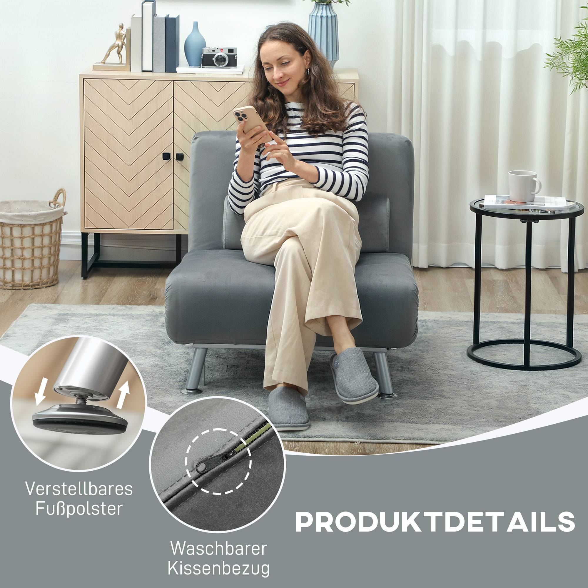 Fauteuil convertible en lit, inclinable et pliable en velours, dossier réglable, 75 x 70 x 75 cm, gris - Image 9